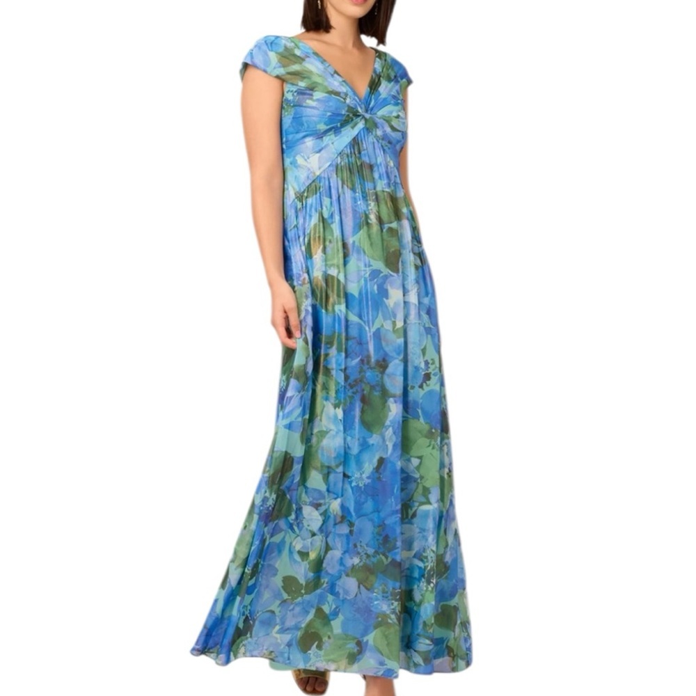 NWT ADRIANNA PAPELL Blue Floral Cap Sleeve Twist Front Flowy Dress Gown Size 8